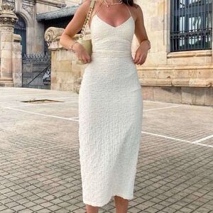 Cream crinkled textured midi bodycon dress